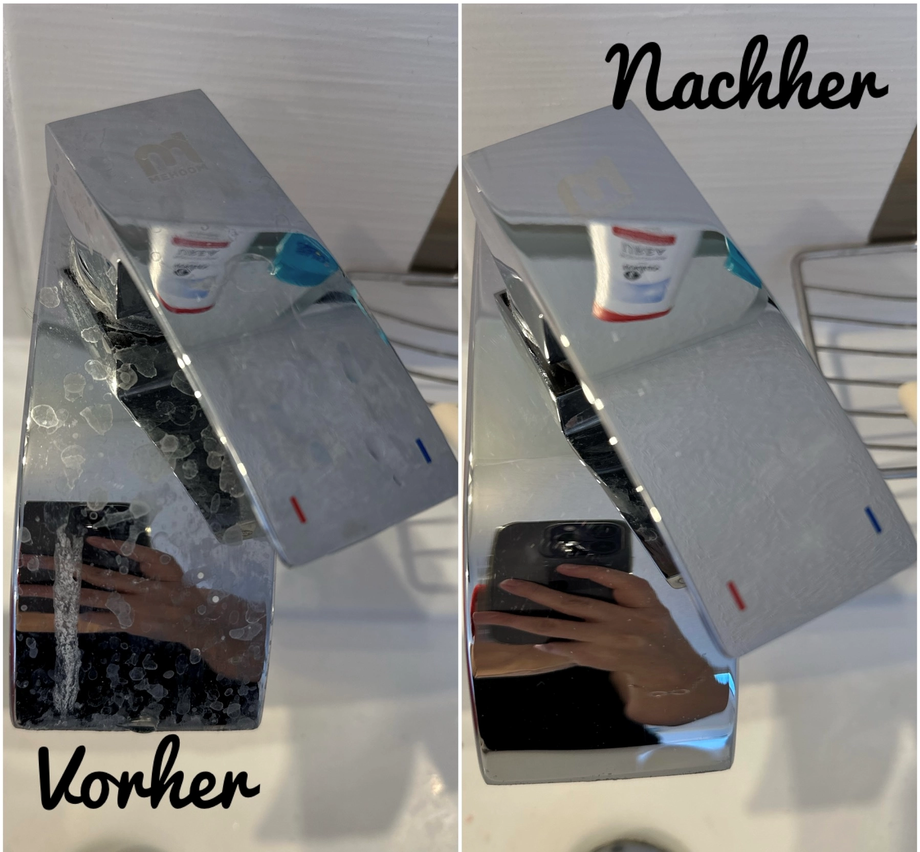 Vorher-Nachher-Ergebnis mit Chrome Master an einem Wasserhahn