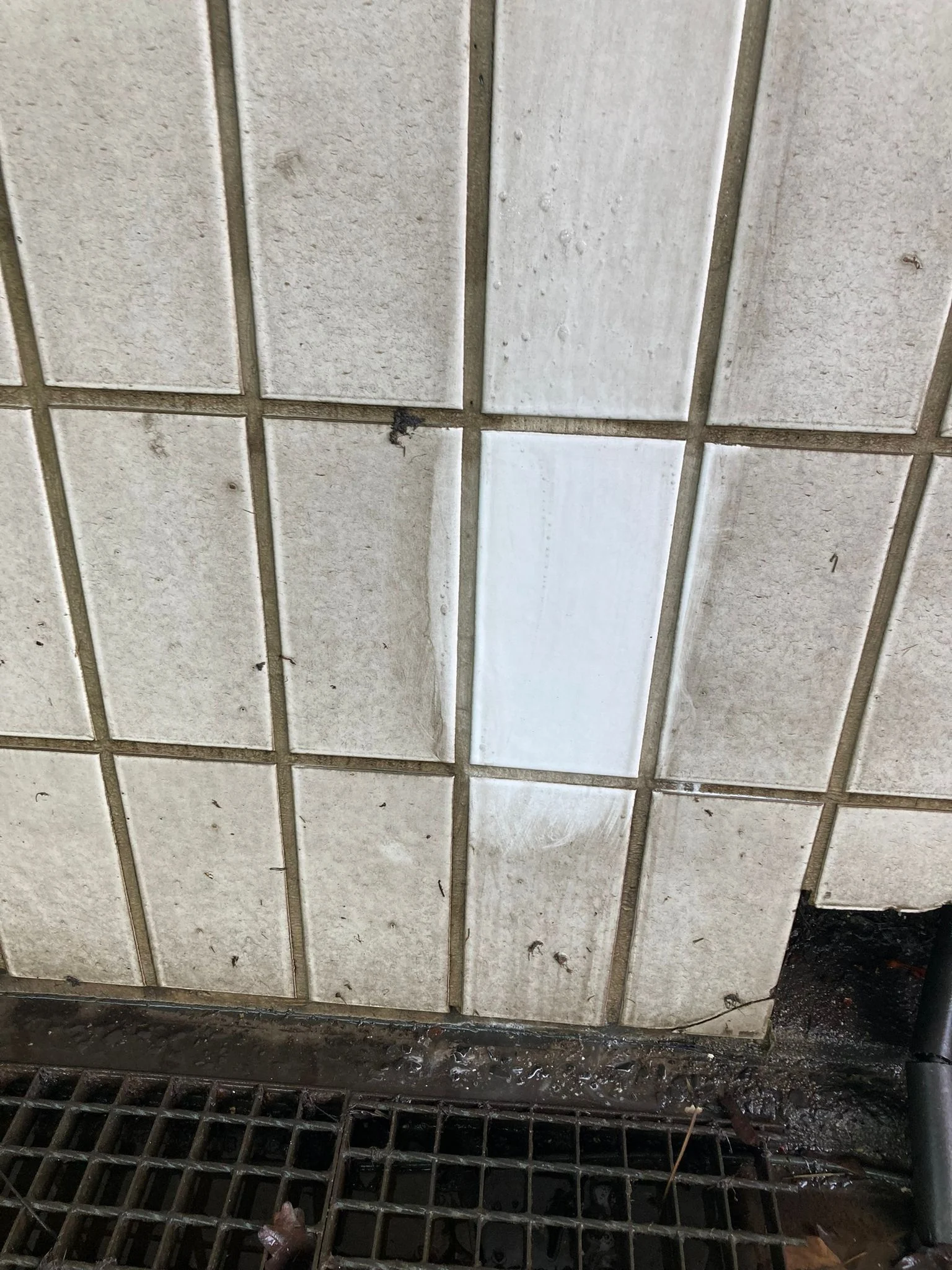 Sichtbarer Reinigungsvergleich mit WhR Extrem auf einer Fliesenwand in einer Waschhalle