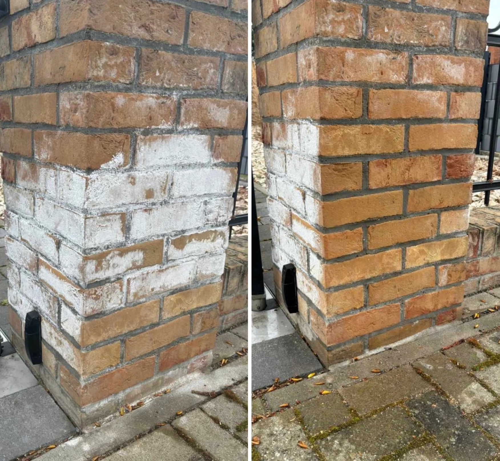 Vorher-Nachher-Ergebnis mit Power Beton plus Rost EX auf einer Mauerfläche