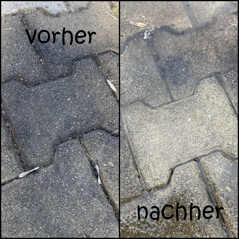 Vorher-Nachher-Ergebnis mit Power Beton plus Rost EX auf einer Pflasterfläche